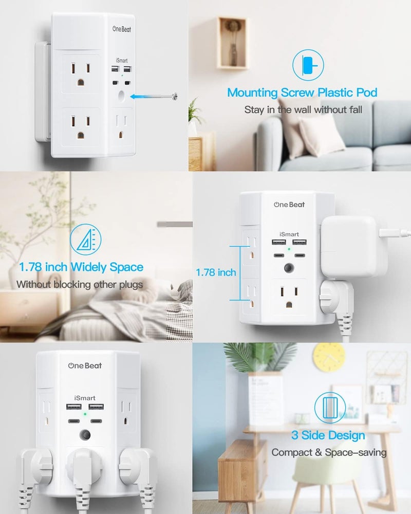One Beat 2 Pack Multi Plug Outlet, Surge Protector, 5 Outlet Extender with 4 USB Charging Ports (2 USB C), USB Wall Charger, 3-Sided 1800J Power Strip Outlets Splitter Wall Plug Adapter Spaced for Home Office - Image 4